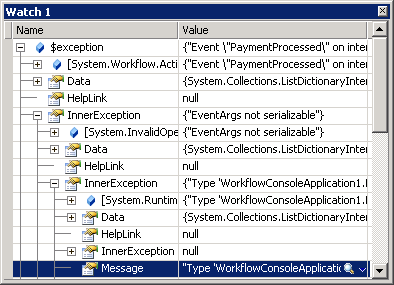 Debugger watch window on serialization exception