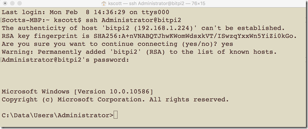 SSH to Rasberry Pi2 with Win10 IoT